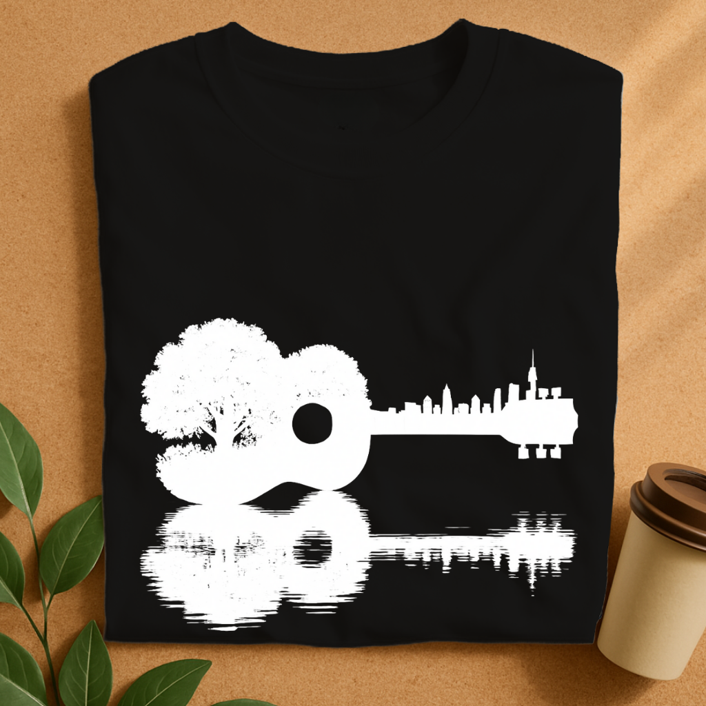 Nature Meets City – Guitar Silhouette Reflection T-Shirt