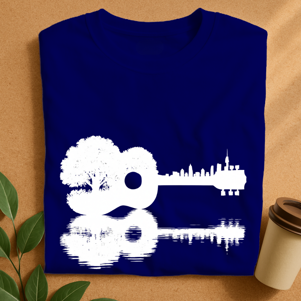 Nature Meets City – Guitar Silhouette Reflection T-Shirt