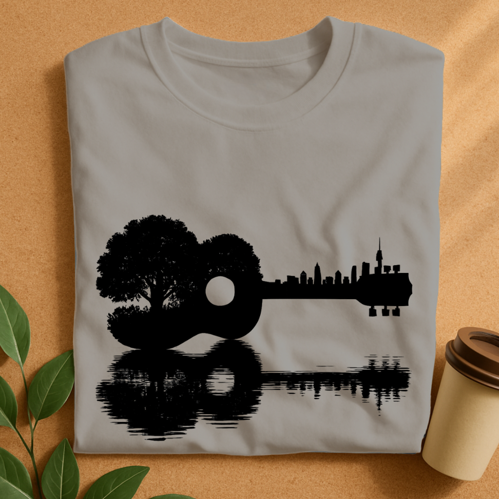 Nature Meets City – Guitar Silhouette Reflection T-Shirt