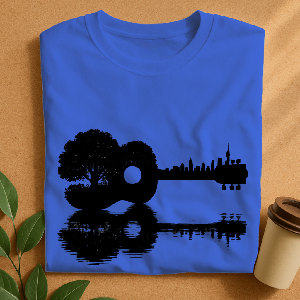 Nature Meets City – Guitar Silhouette Reflection T-Shirt