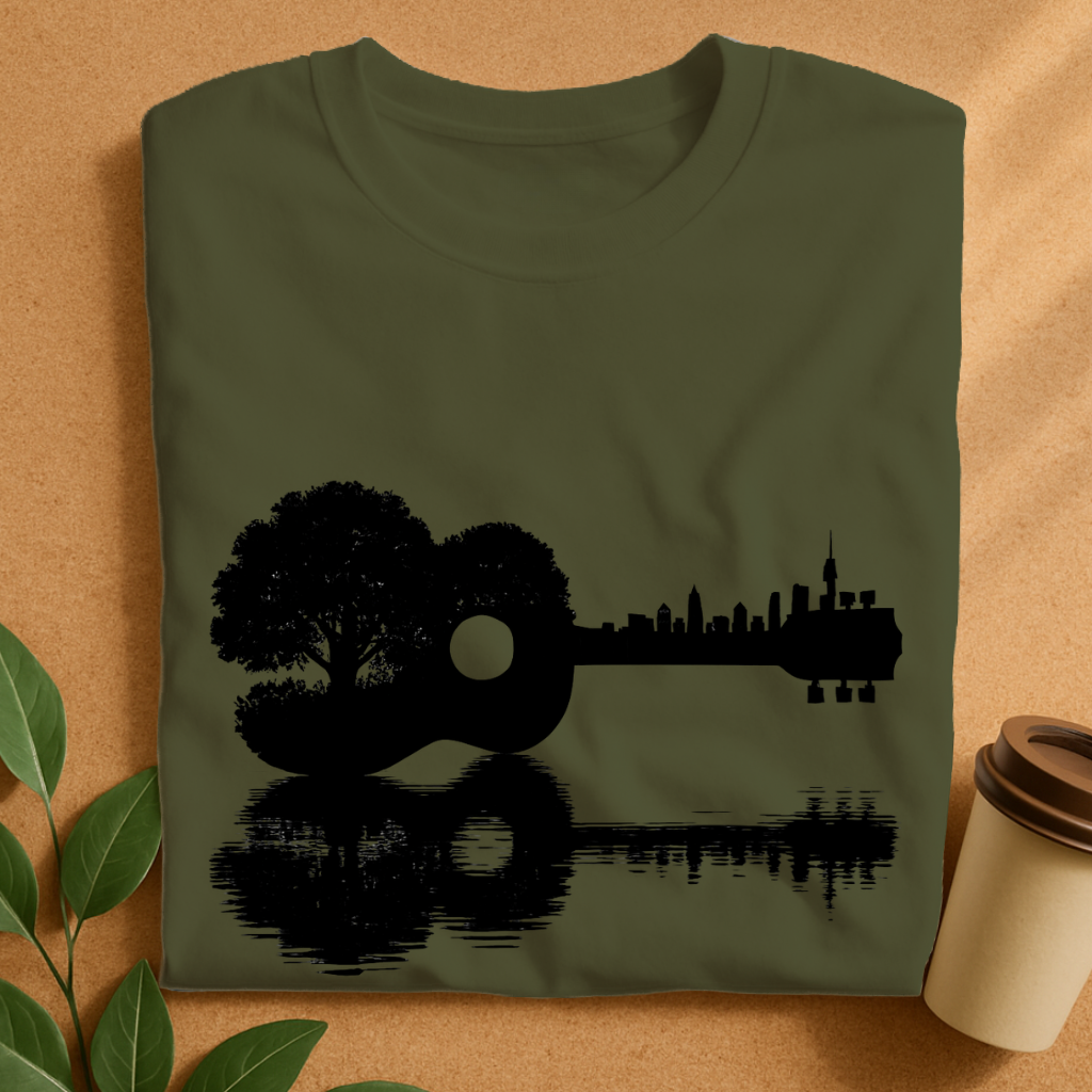 Nature Meets City – Guitar Silhouette Reflection T-Shirt