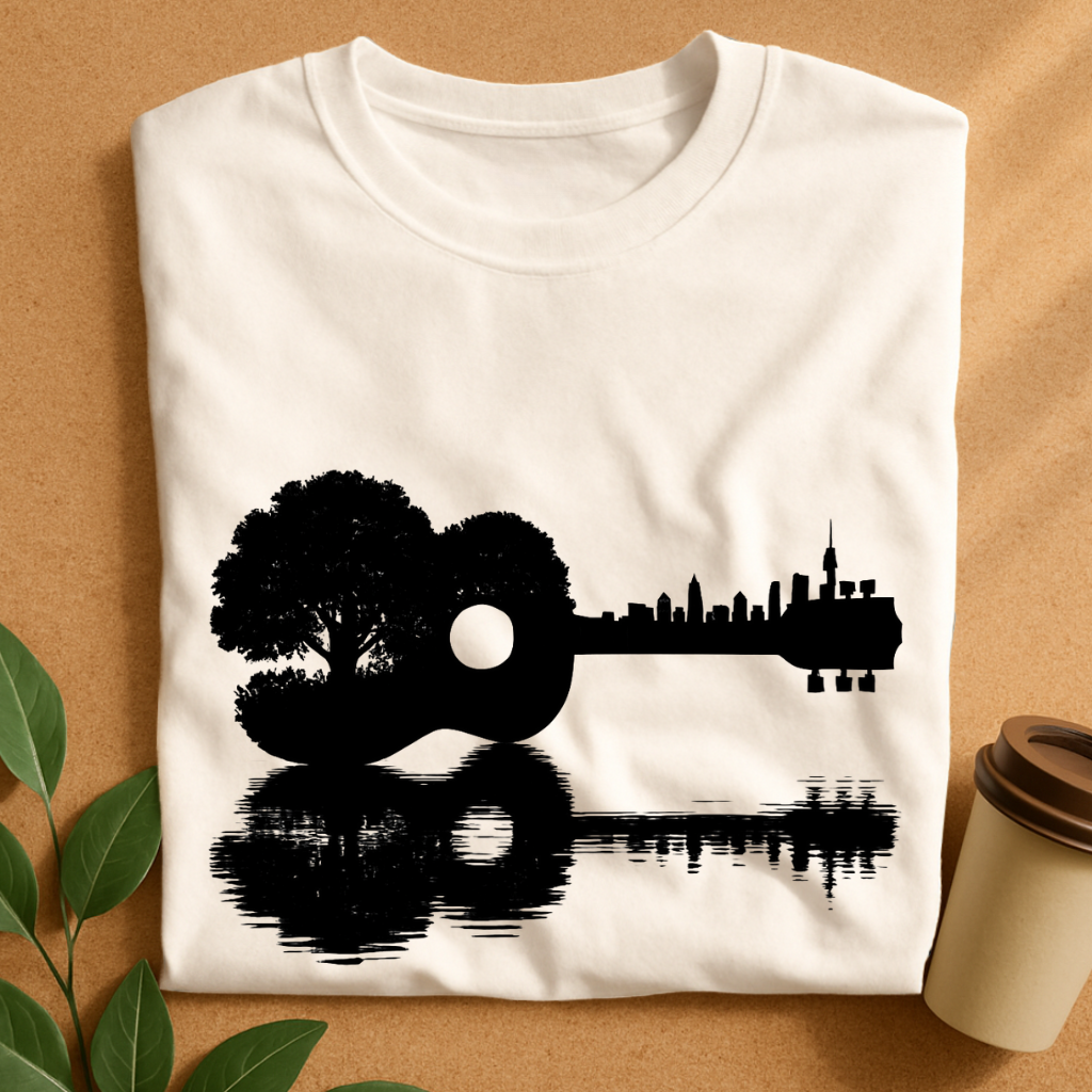 Nature Meets City – Guitar Silhouette Reflection T-Shirt