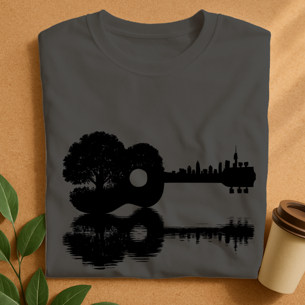 Nature Meets City – Guitar Silhouette Reflection T-Shirt
