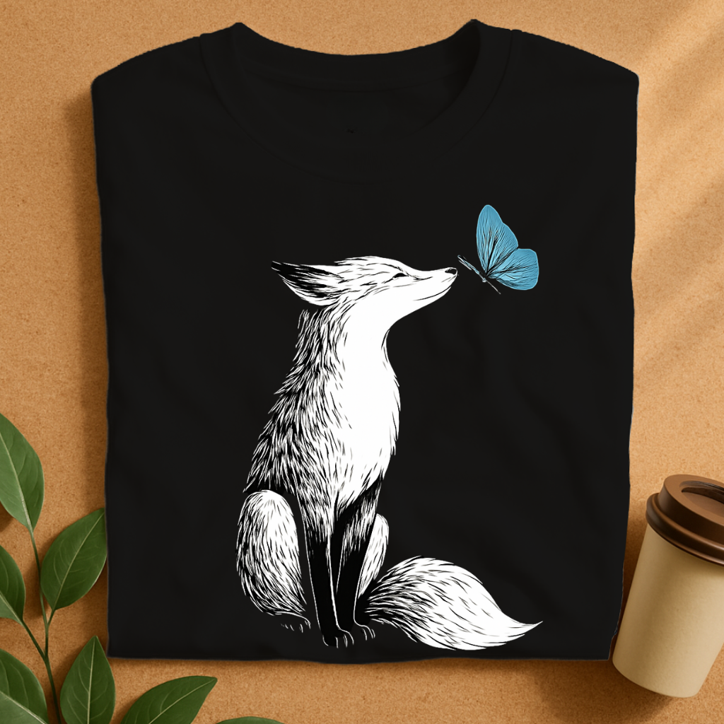 Curious Fox and Blue Butterfly Contrast T-Shirt