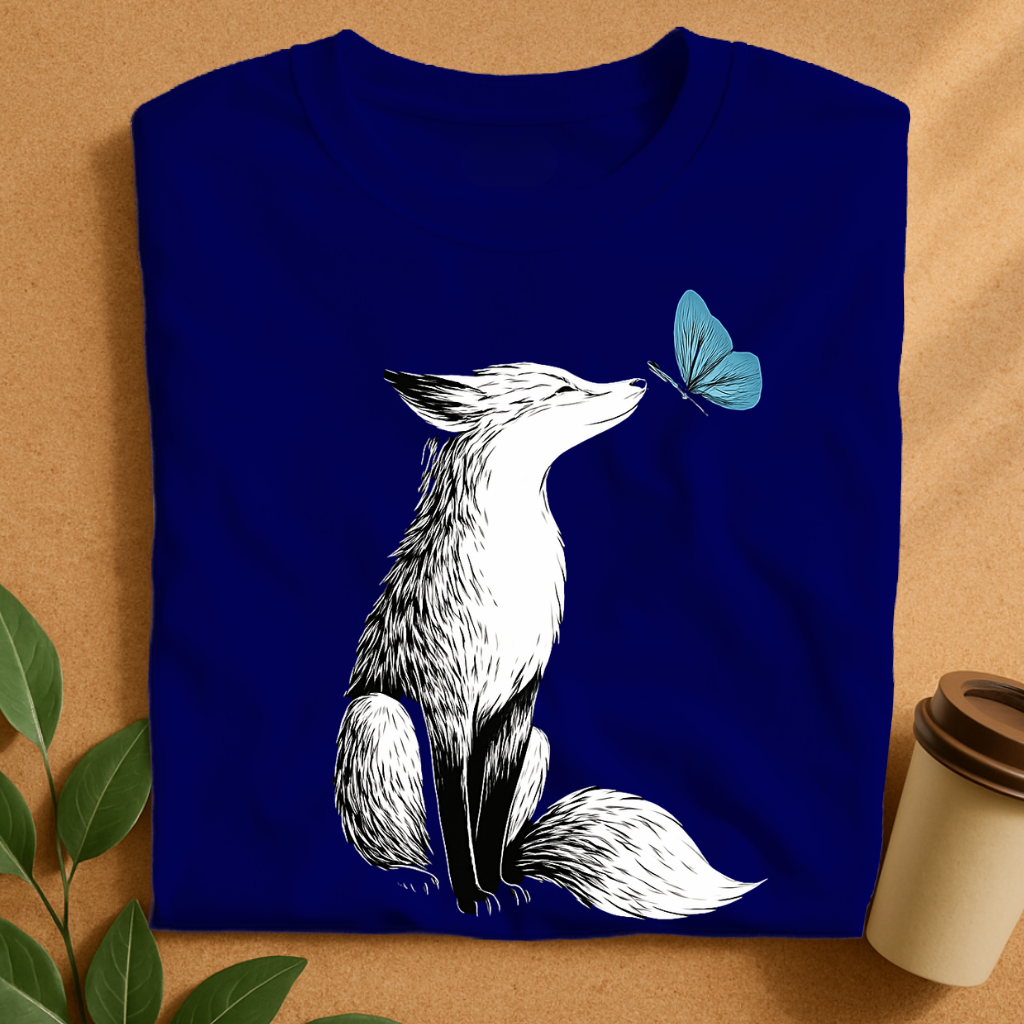 Curious Fox and Blue Butterfly Contrast T-Shirt