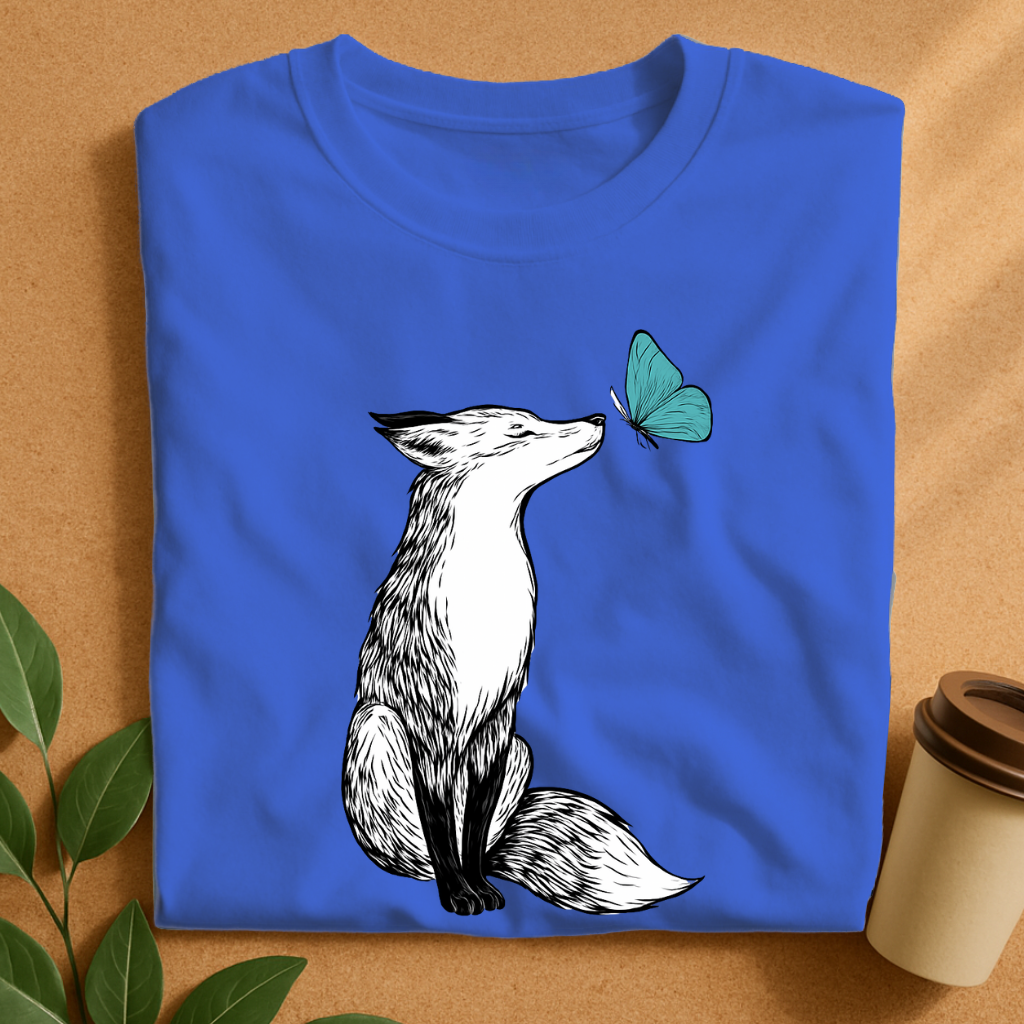 Curious Fox and Blue Butterfly Contrast T-Shirt