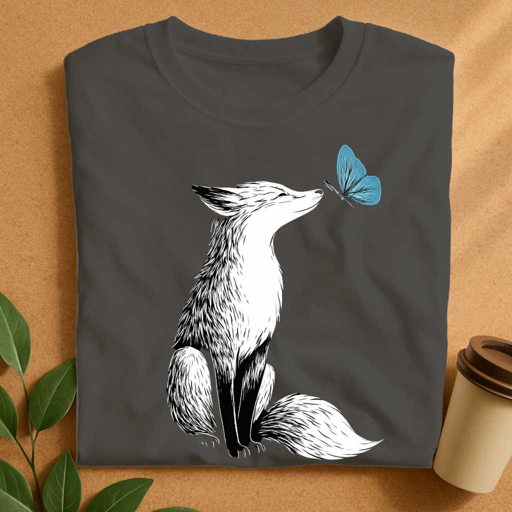 Curious Fox and Blue Butterfly Contrast T-Shirt
