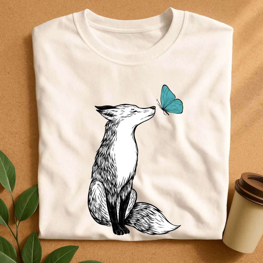 Curious Fox and Blue Butterfly Contrast T-Shirt