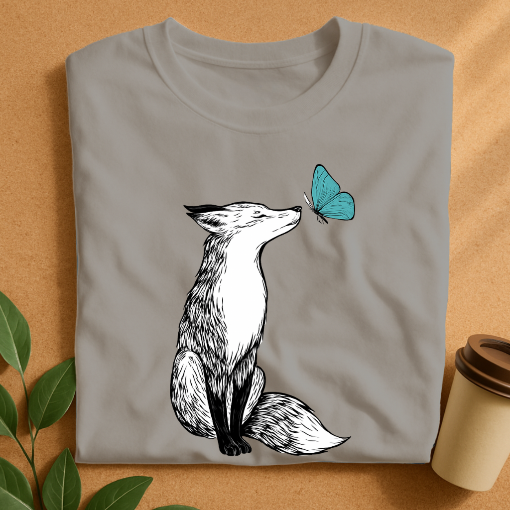 Curious Fox and Blue Butterfly Contrast T-Shirt