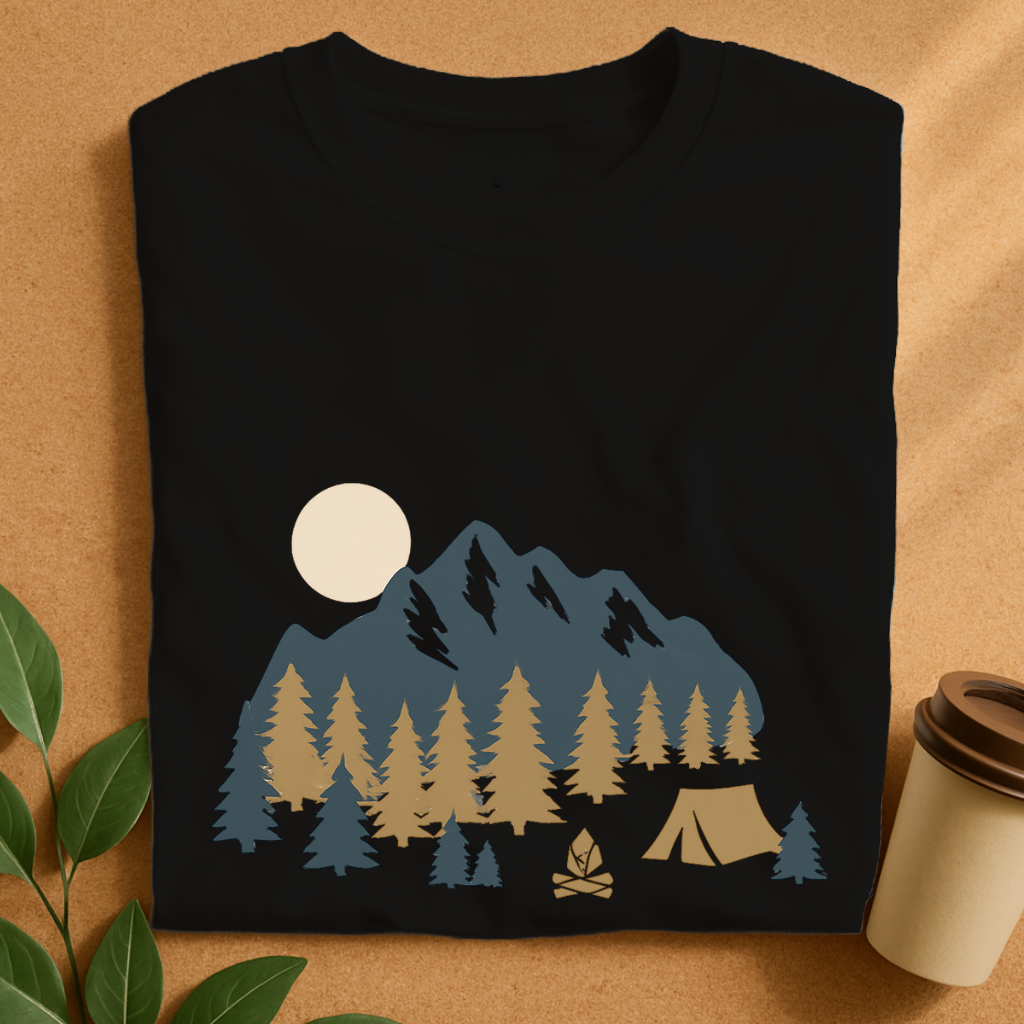 Mountain Camp Adventure with Pine Trees and Sunset T-Shirt