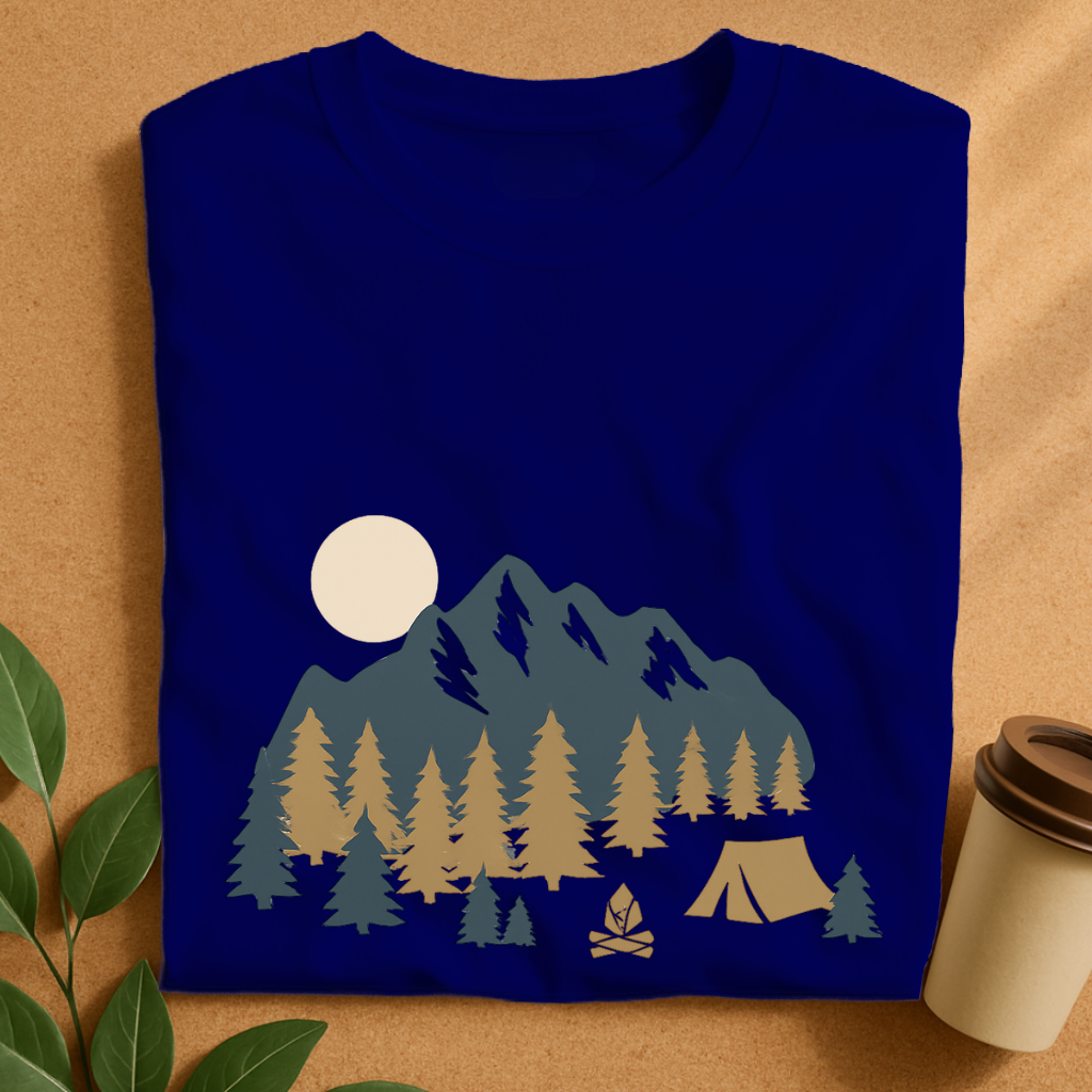 Mountain Camp Adventure with Pine Trees and Sunset T-Shirt