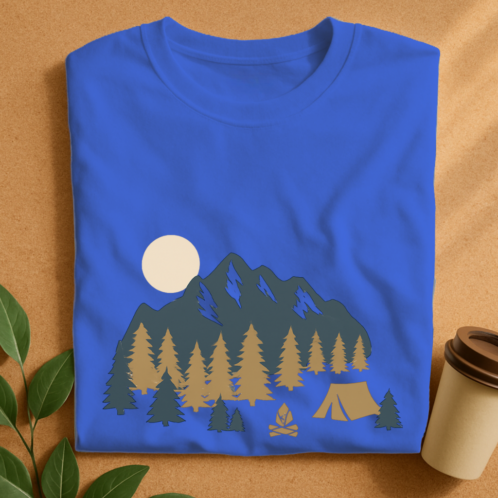 Mountain Camp Adventure with Pine Trees and Sunset T-Shirt