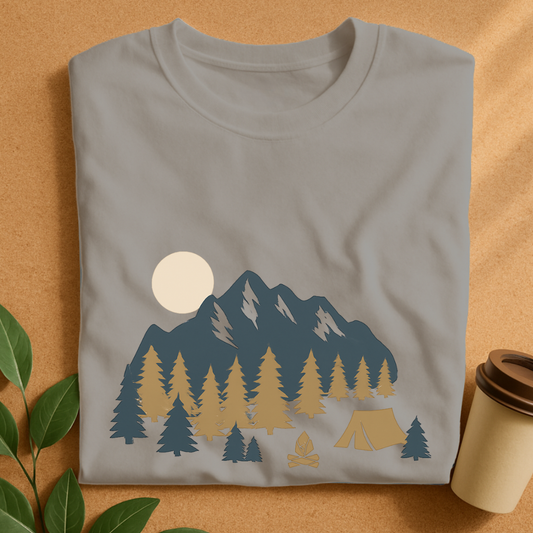 Mountain Camp Adventure with Pine Trees and Sunset T-Shirt