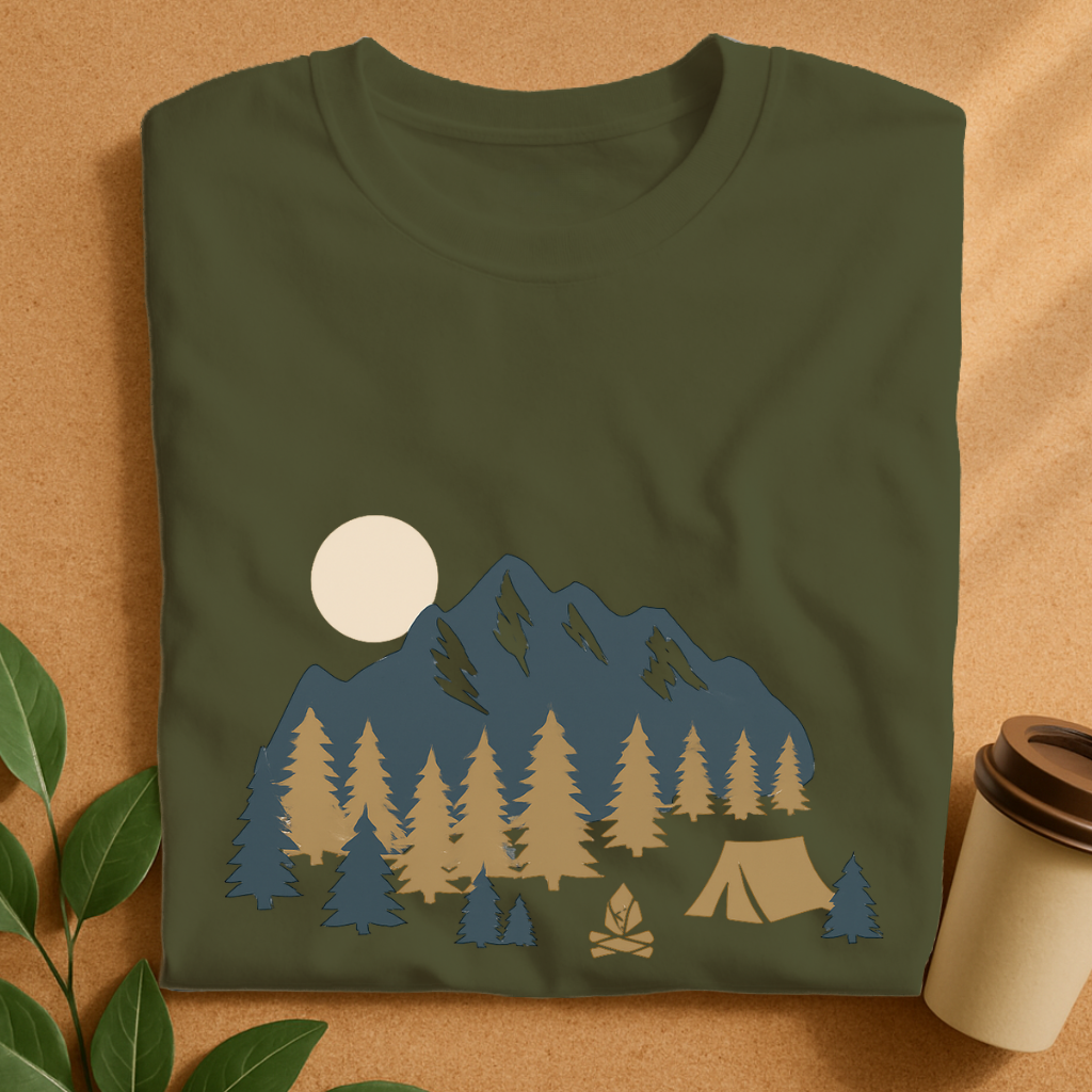 Mountain Camp Adventure with Pine Trees and Sunset T-Shirt
