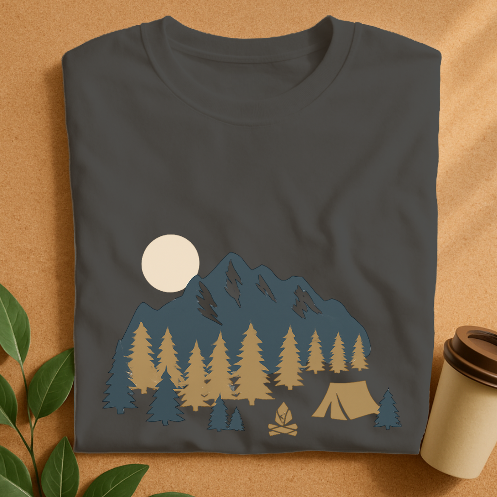 Mountain Camp Adventure with Pine Trees and Sunset T-Shirt