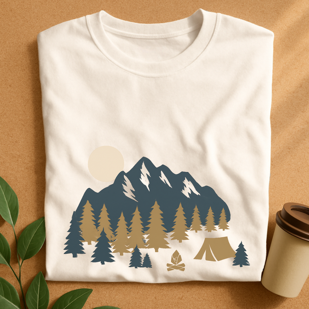 Mountain Camp Adventure with Pine Trees and Sunset T-Shirt