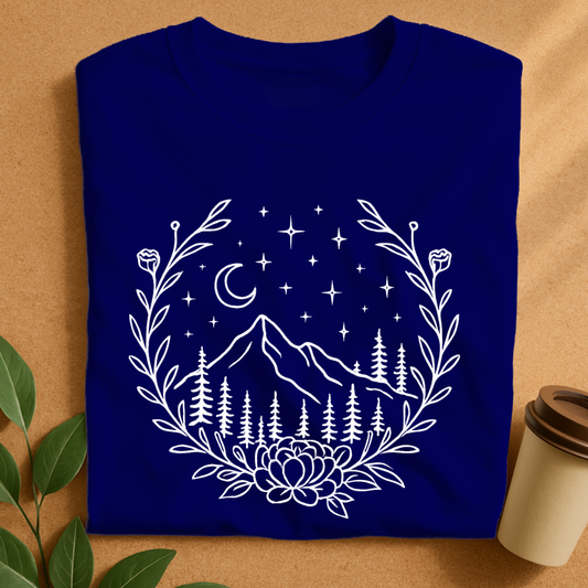 Night Mountain Escape with Floral Frame T-Shirt