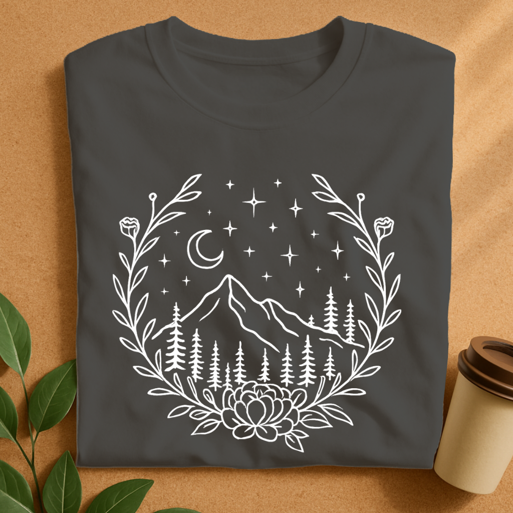 Night Mountain Escape with Floral Frame T-Shirt