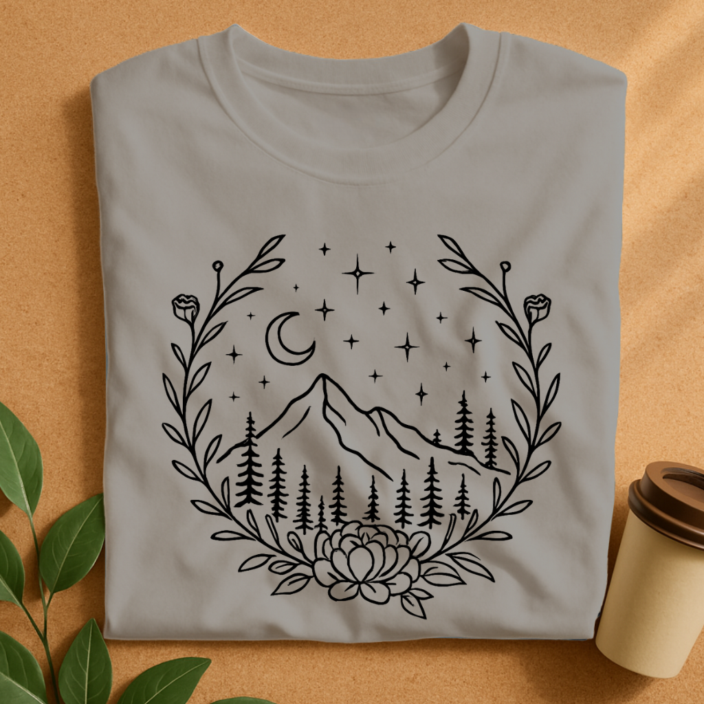 Night Mountain Escape with Floral Frame T-Shirt