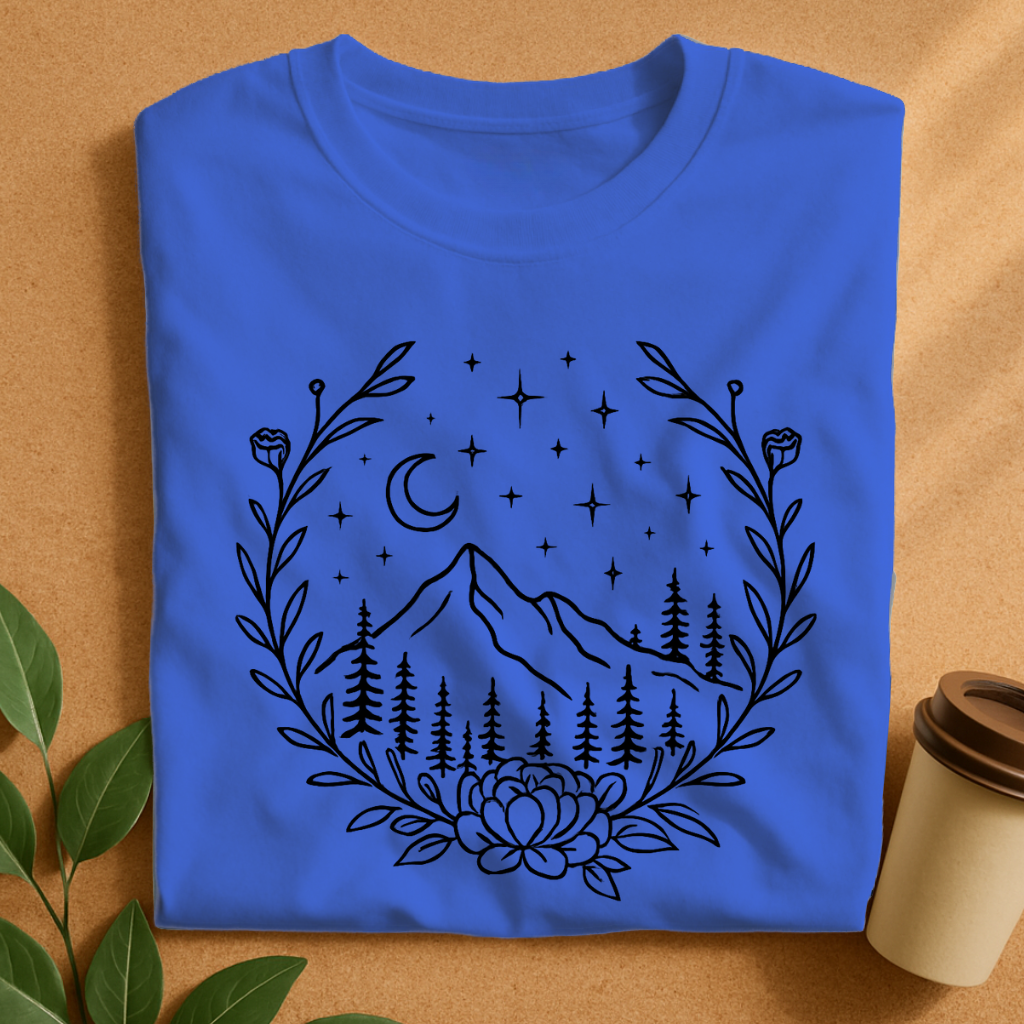 Night Mountain Escape with Floral Frame T-Shirt
