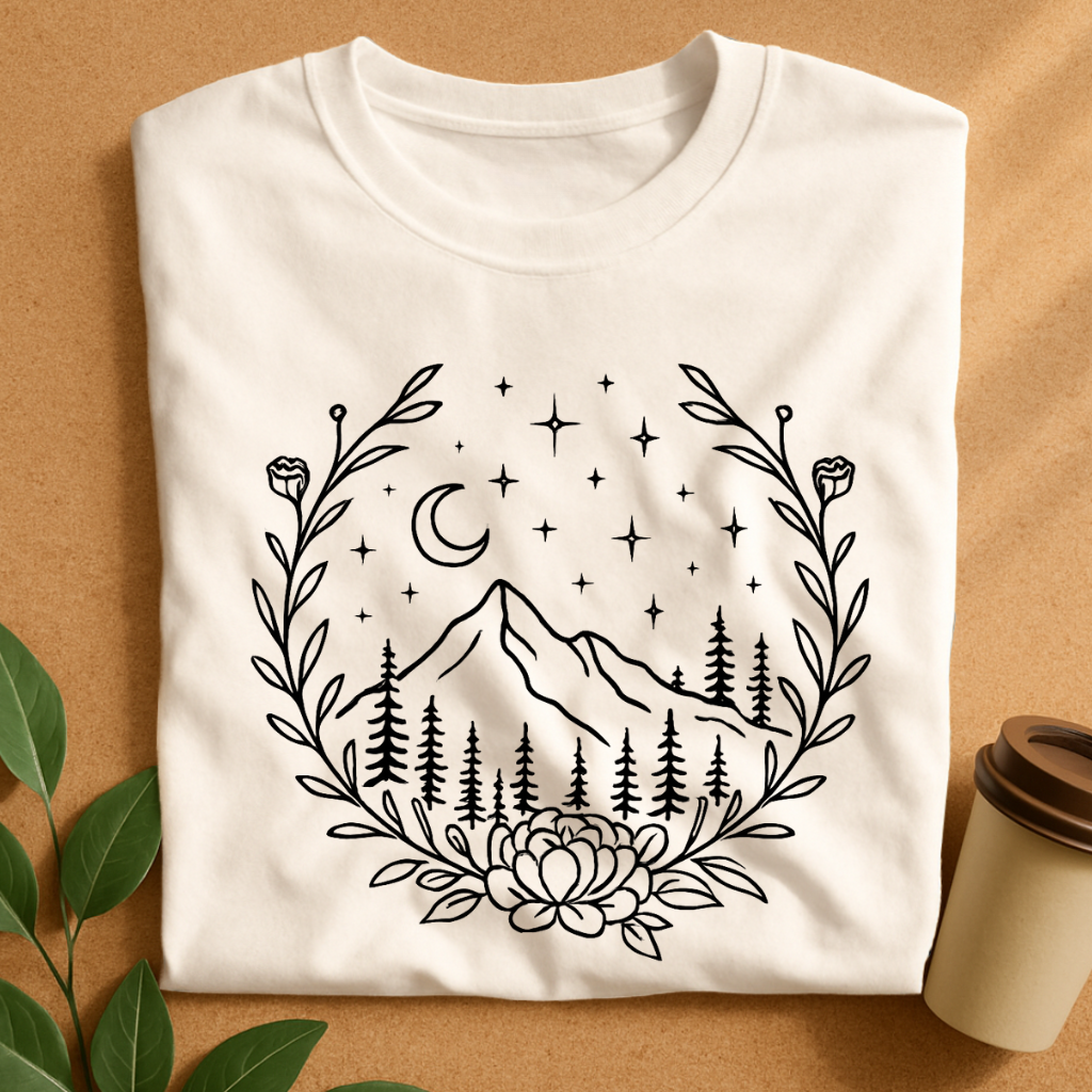 Night Mountain Escape with Floral Frame T-Shirt