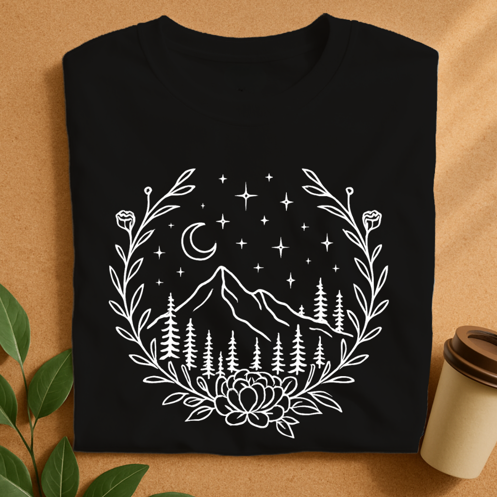 Night Mountain Escape with Floral Frame T-Shirt