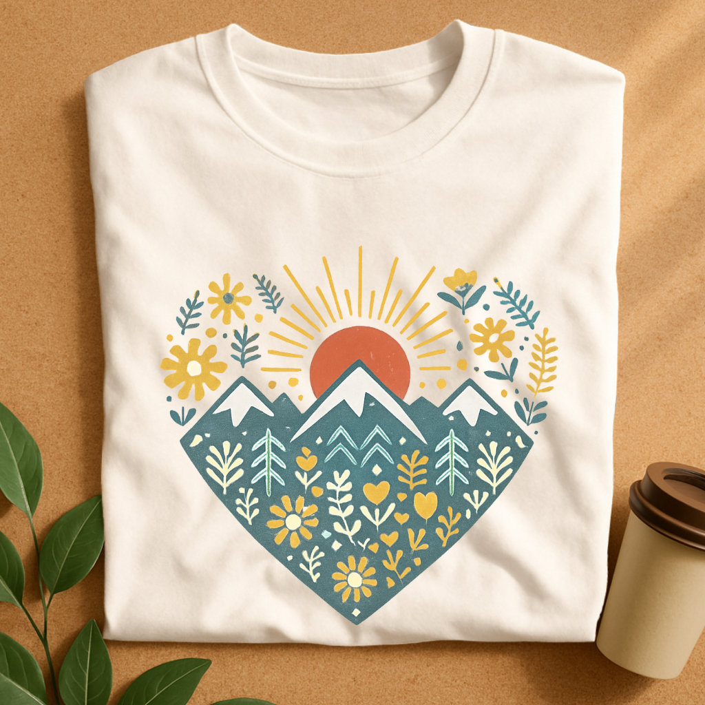 Sunrise Mountain Meadow Floral Heart T-Shirt