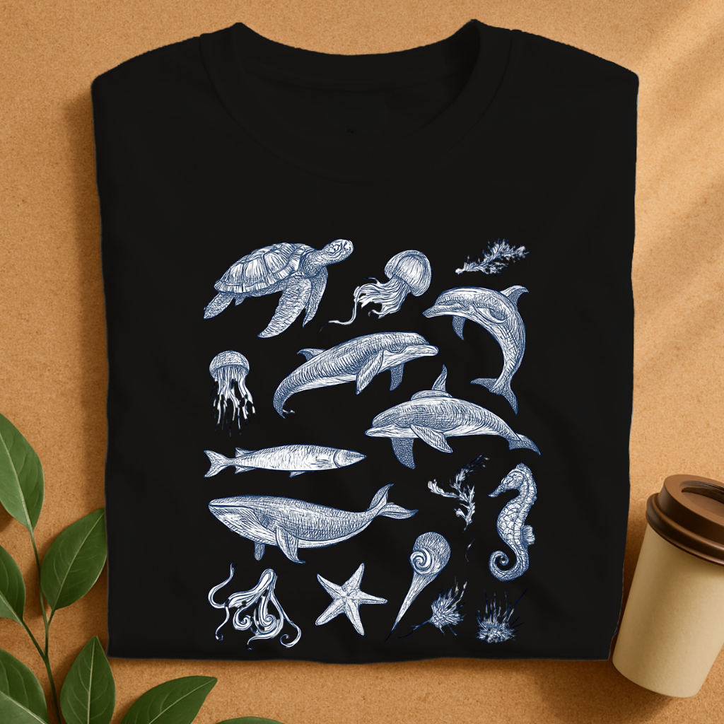 Intricate Ocean Life Sketches on White T-Shirt
