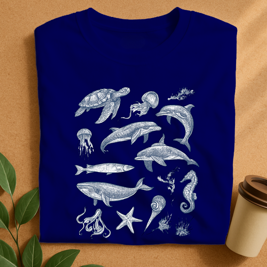 Intricate Ocean Life Sketches on White T-Shirt