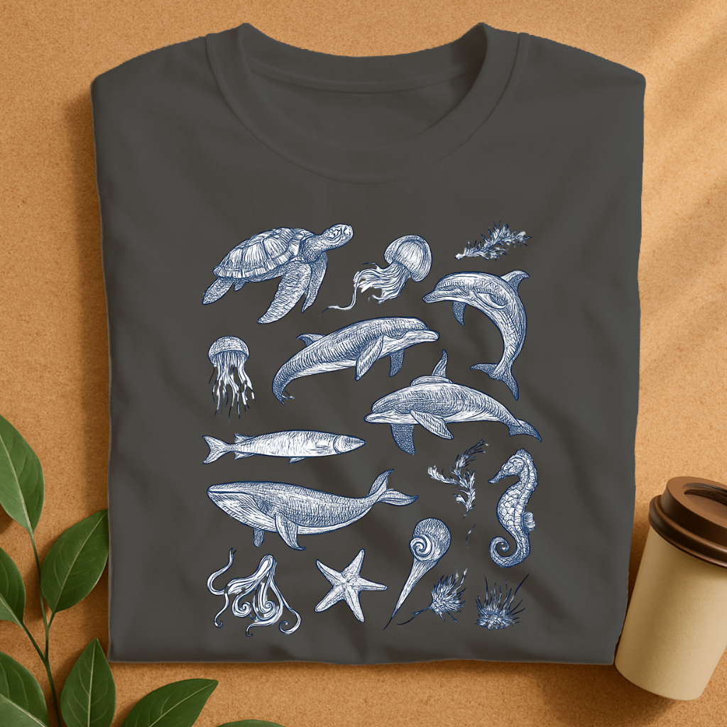 Intricate Ocean Life Sketches on White T-Shirt