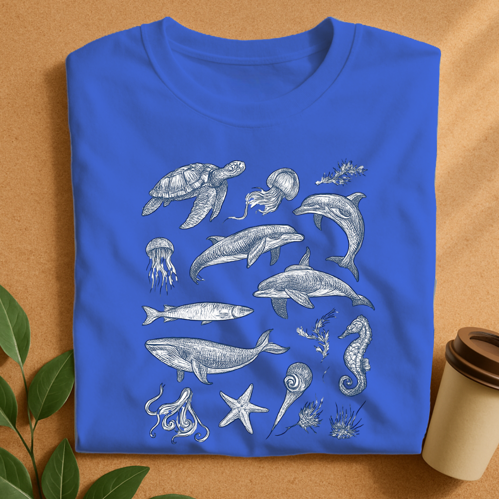 Intricate Ocean Life Sketches on White T-Shirt