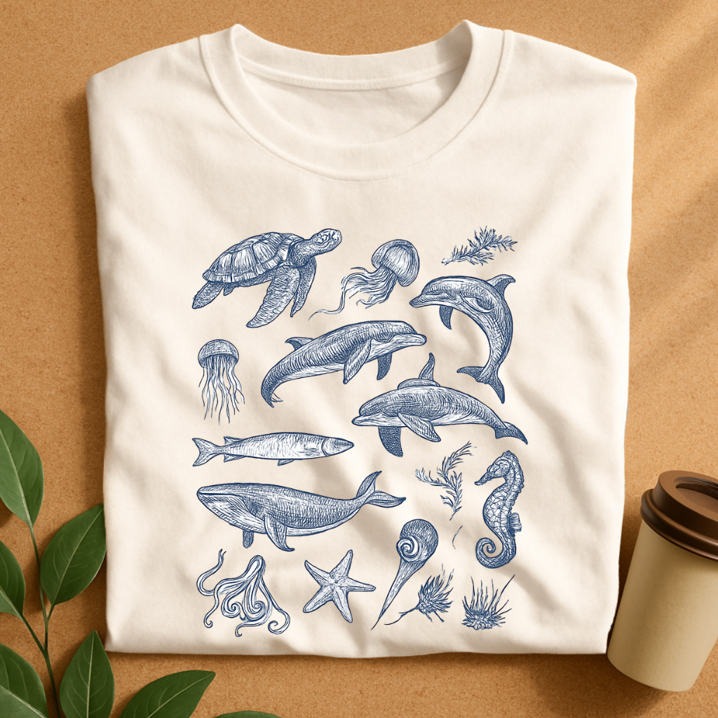 Intricate Ocean Life Sketches on White T-Shirt