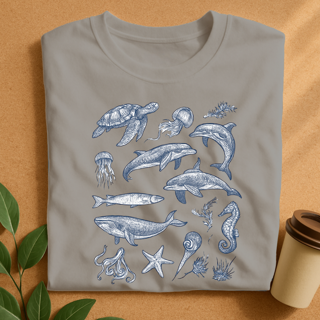 Intricate Ocean Life Sketches on White T-Shirt