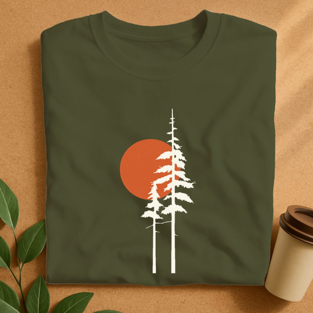 Minimalist Pines with Warm Sun Silhouette T-Shirt