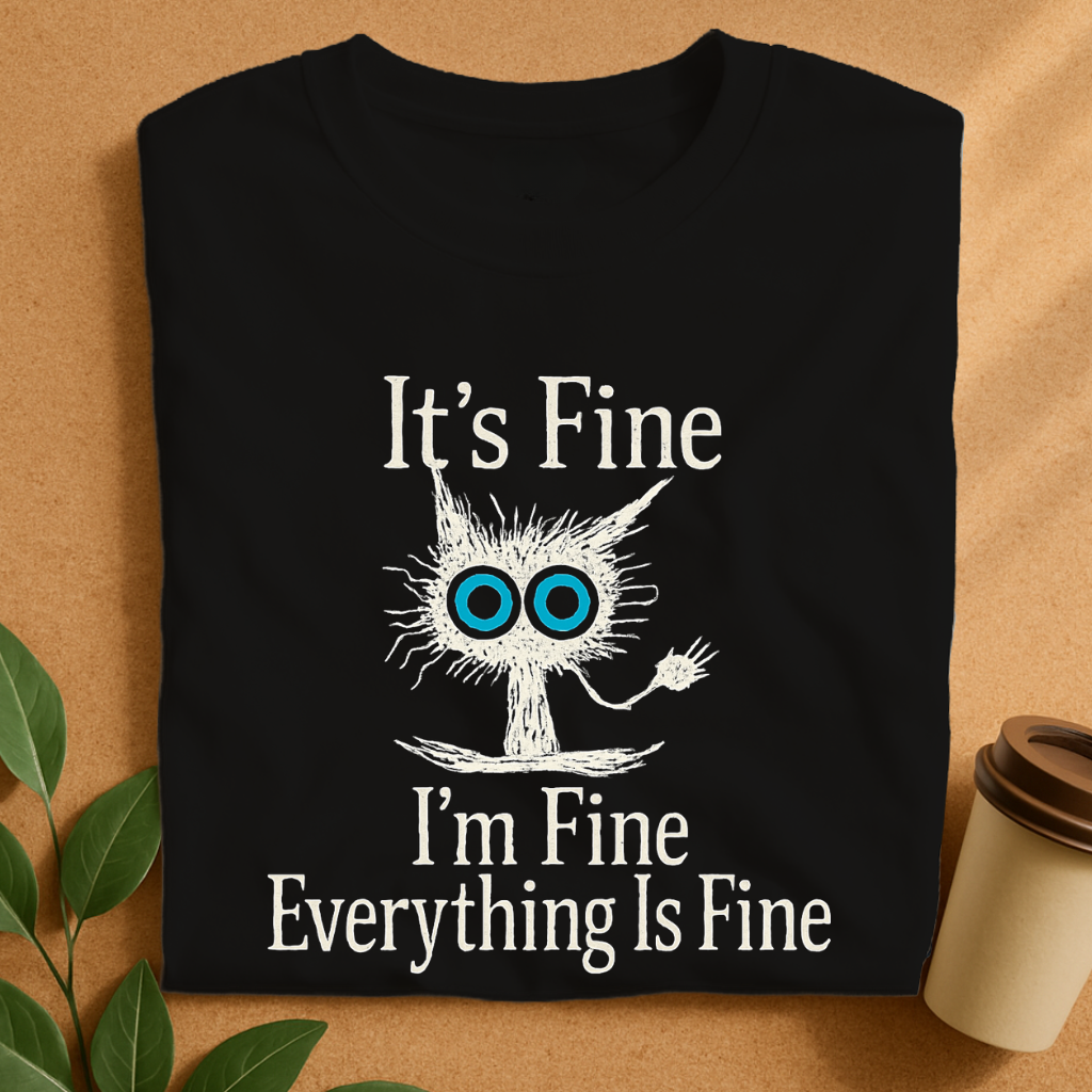 Scruffy Creature with Wide Eyes and “It’s Fine” T-Shirt