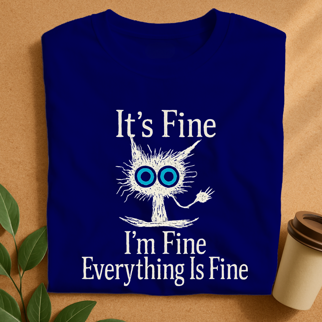 Scruffy Creature with Wide Eyes and “It’s Fine” T-Shirt