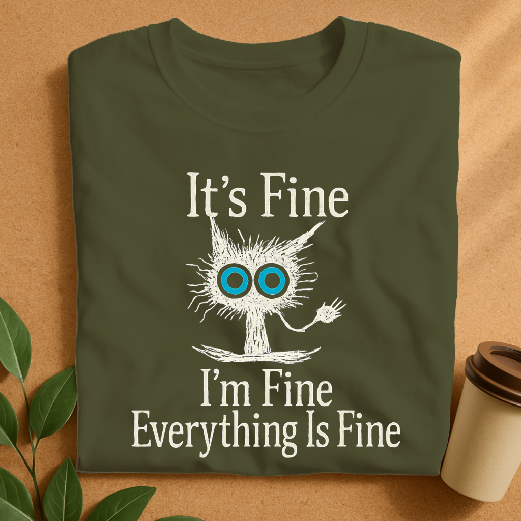 Scruffy Creature with Wide Eyes and “It’s Fine” T-Shirt