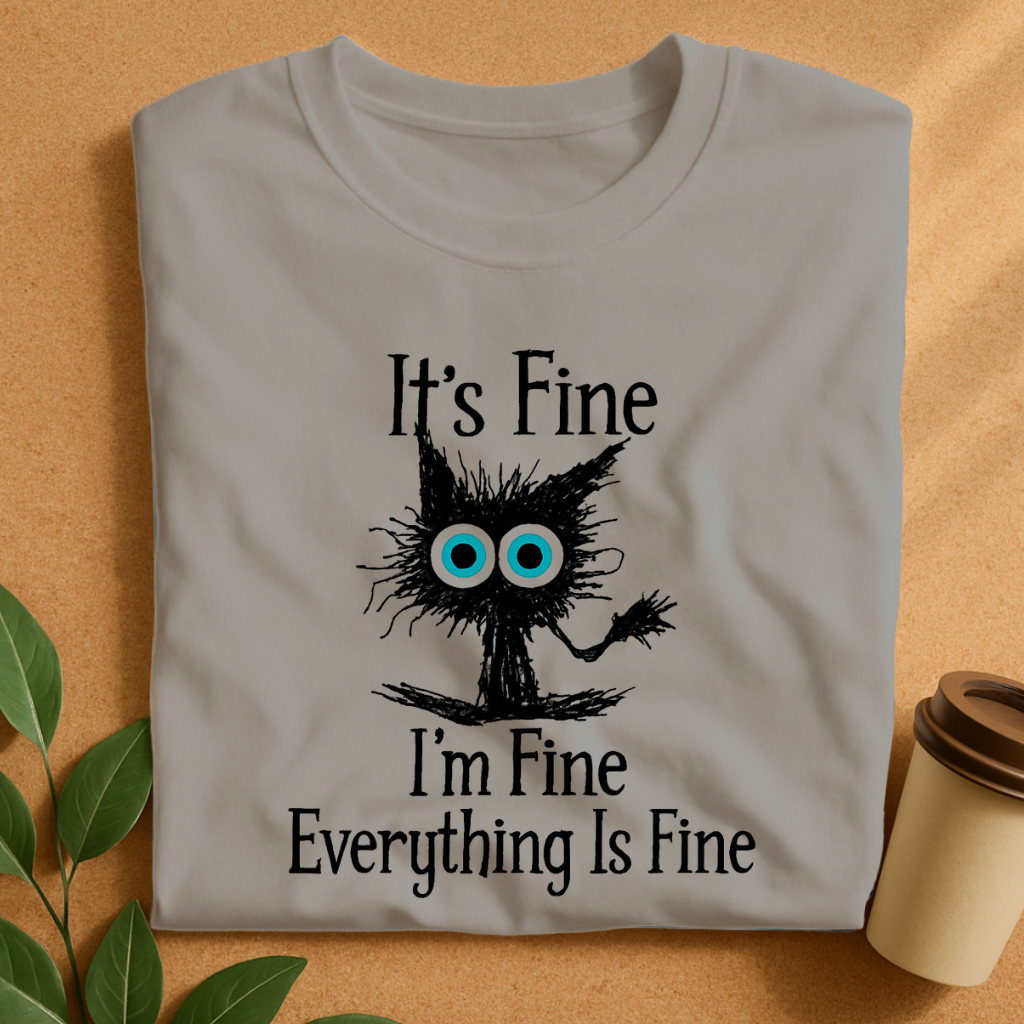 Scruffy Creature with Wide Eyes and “It’s Fine” T-Shirt