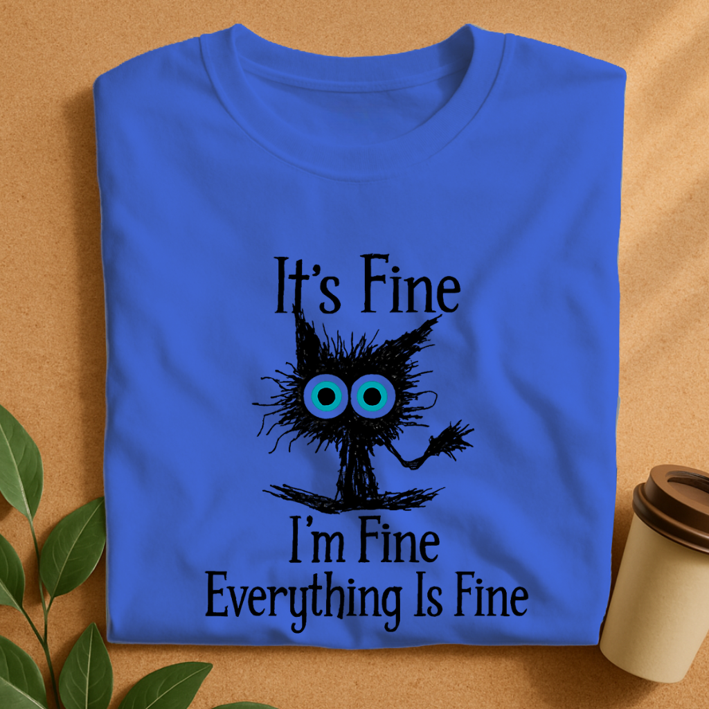 Scruffy Creature with Wide Eyes and “It’s Fine” T-Shirt