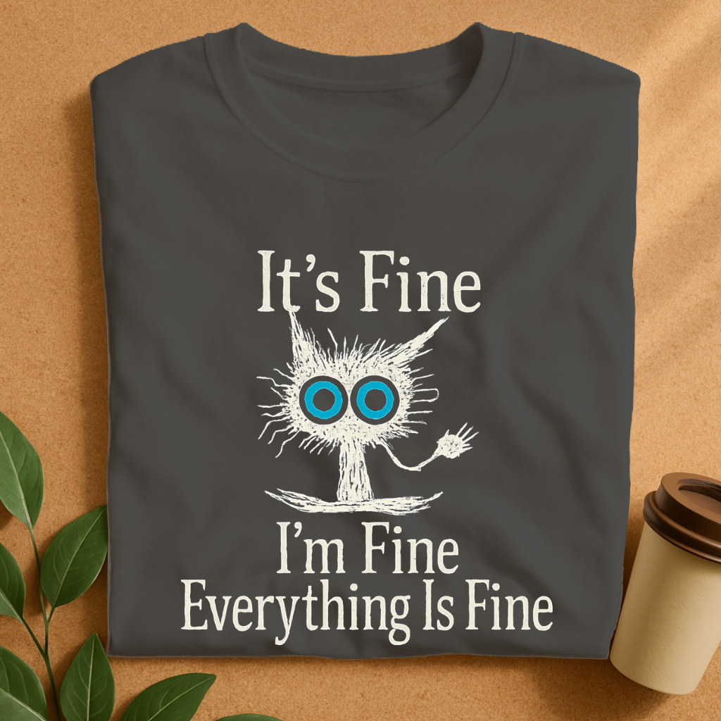 Scruffy Creature with Wide Eyes and “It’s Fine” T-Shirt