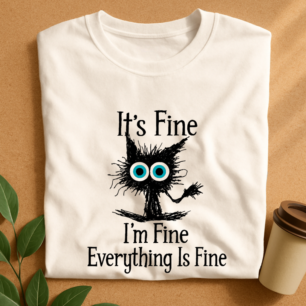 Scruffy Creature with Wide Eyes and “It’s Fine” T-Shirt