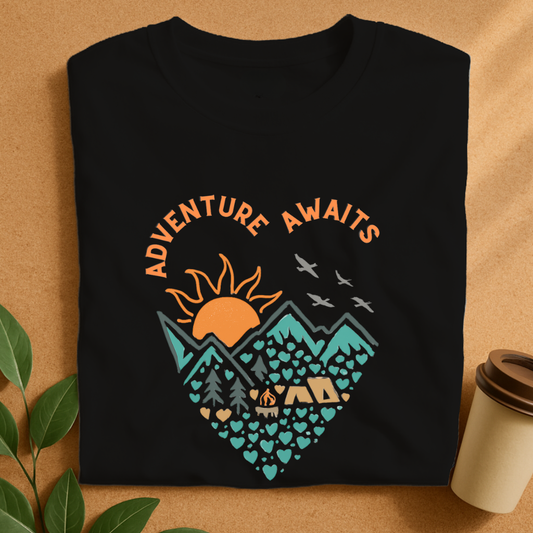 Sunset Mountain Camp with “Adventure Awaits” T-Shirt