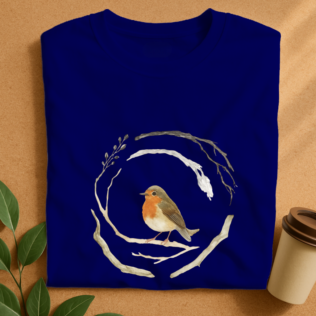 Watercolor Robin Bird with Natural Branch Wreath T-Shirt