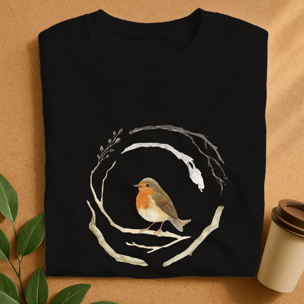 Watercolor Robin Bird with Natural Branch Wreath T-Shirt
