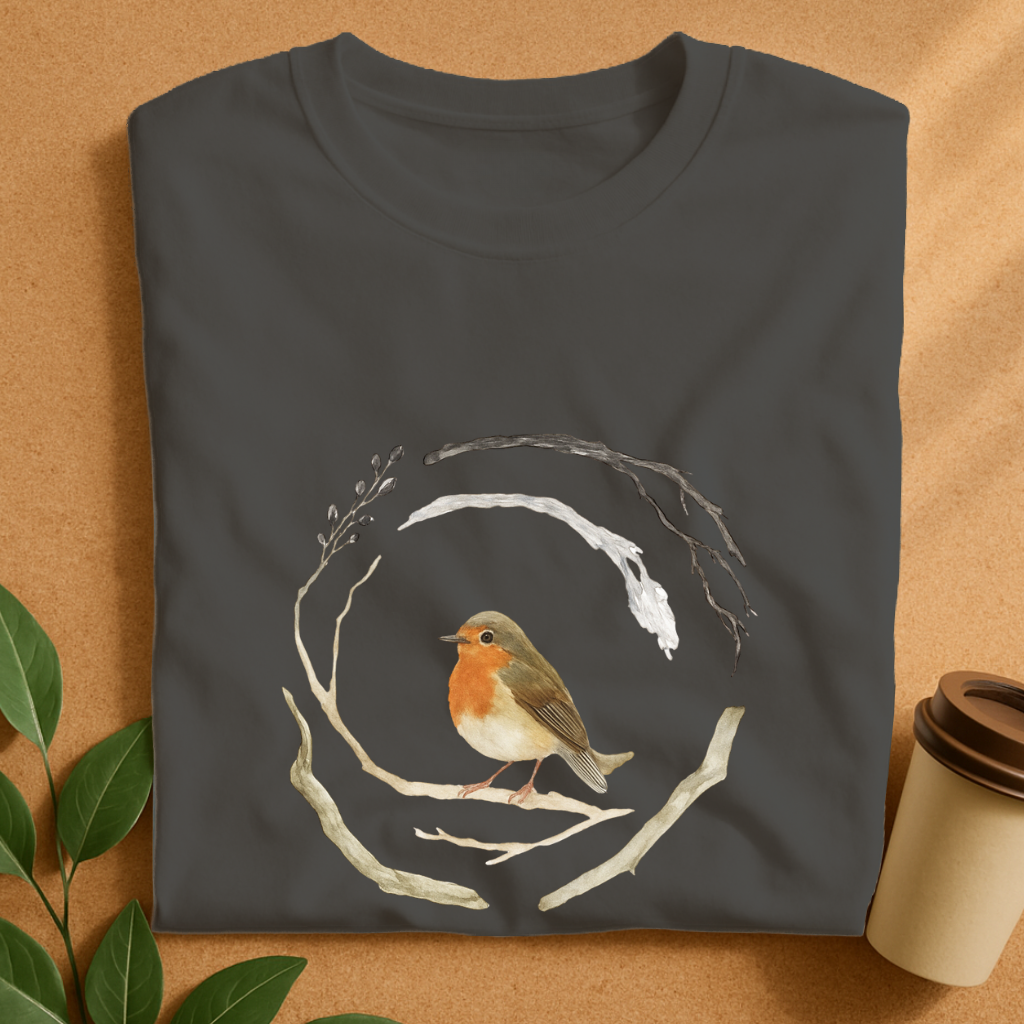 Watercolor Robin Bird with Natural Branch Wreath T-Shirt