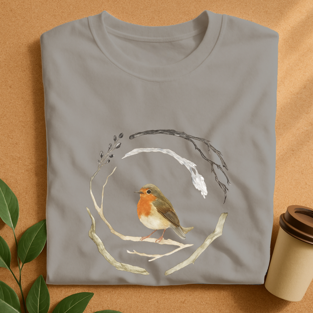 Watercolor Robin Bird with Natural Branch Wreath T-Shirt