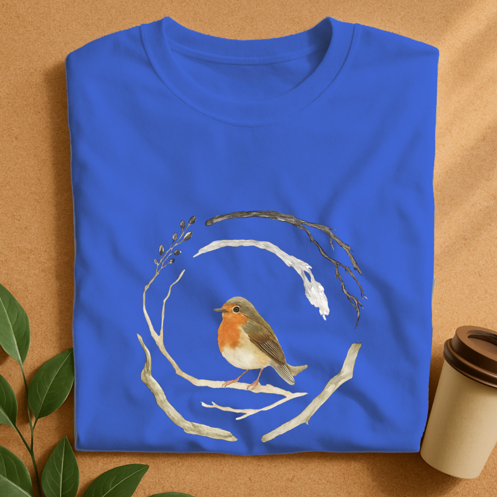 Watercolor Robin Bird with Natural Branch Wreath T-Shirt