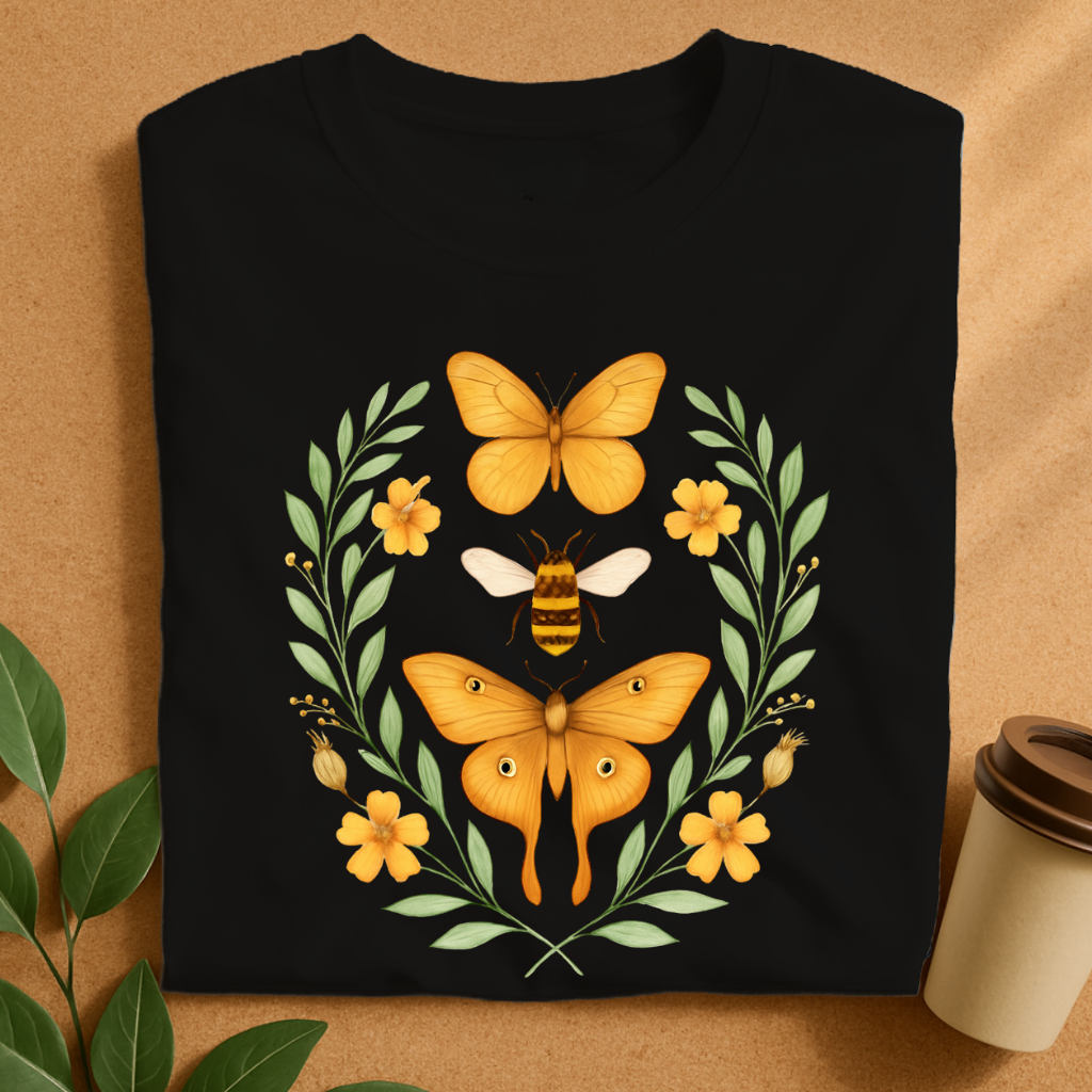 Golden Butterfly & Bee Floral Harmony T-Shirt