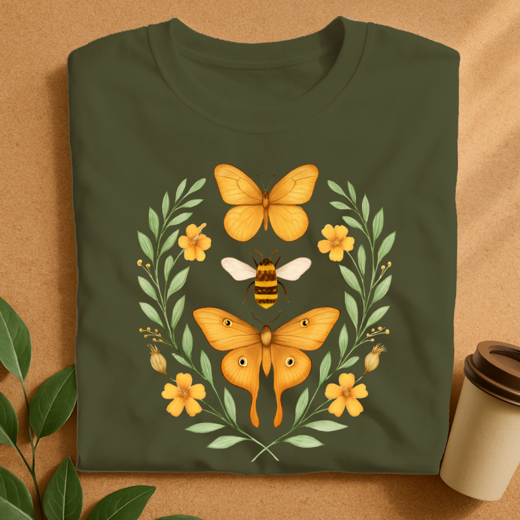 Golden Butterfly & Bee Floral Harmony T-Shirt