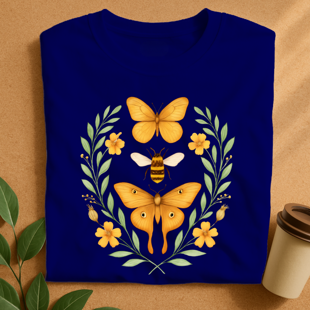 Golden Butterfly & Bee Floral Harmony T-Shirt